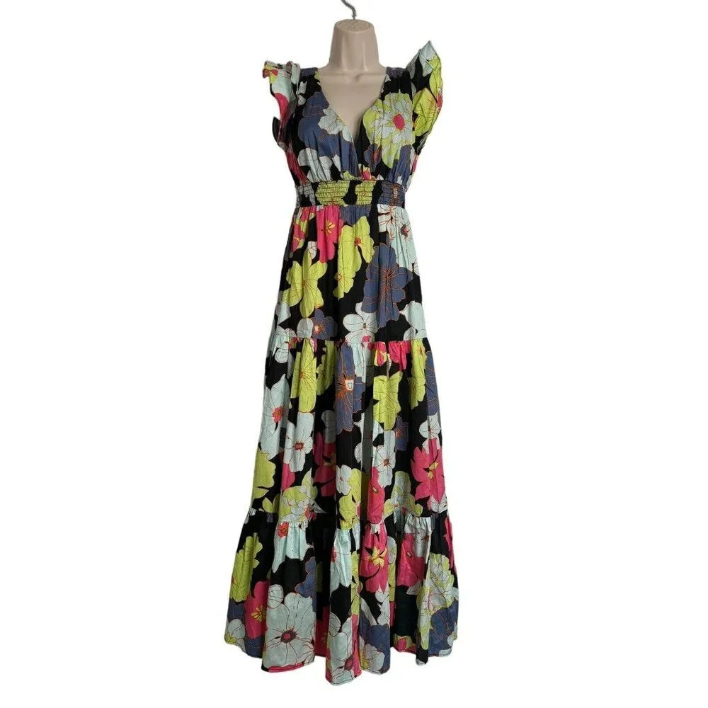 ModCloth Honolulu floral black ruffle cap sleeve tiered maxi dress Size XS  NEW - Picture 11 of 14